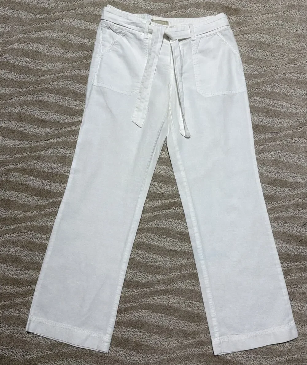 Banana Republic Martin Fit Linen Blend Belted Pants White Size 4 Beach Summer